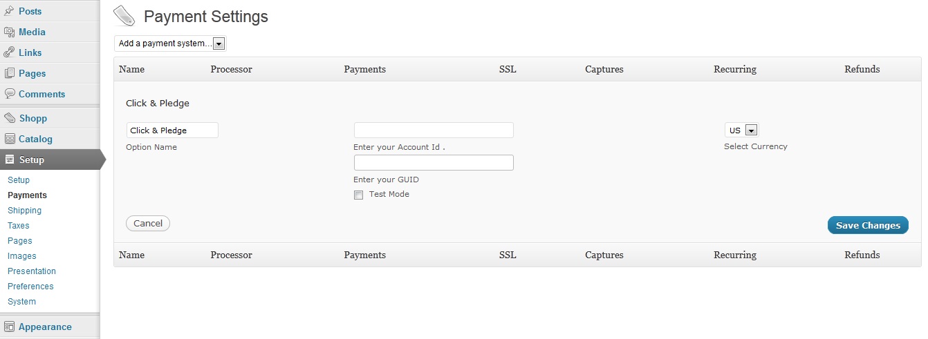 WordPress Shopp Plugin Click & Pledge payment setting
